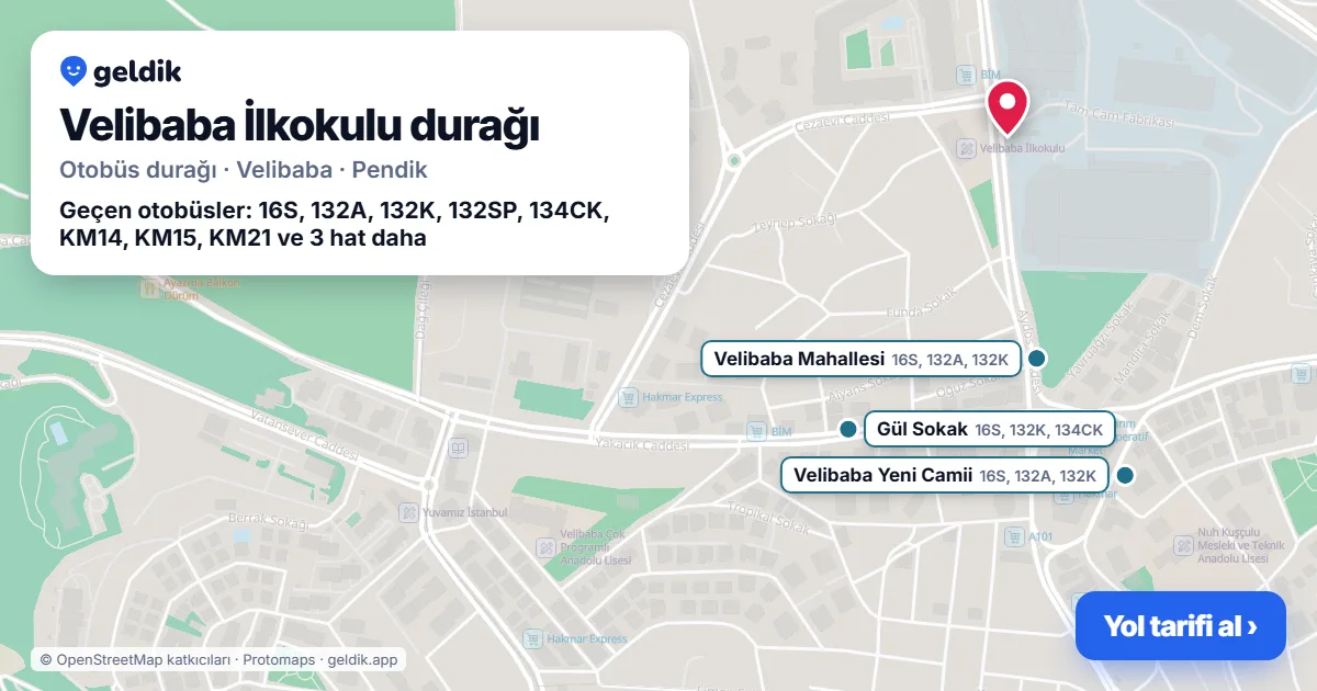 Velibaba İlkokulu otobüs durağı haritada: konumu ve yakındaki duraklar