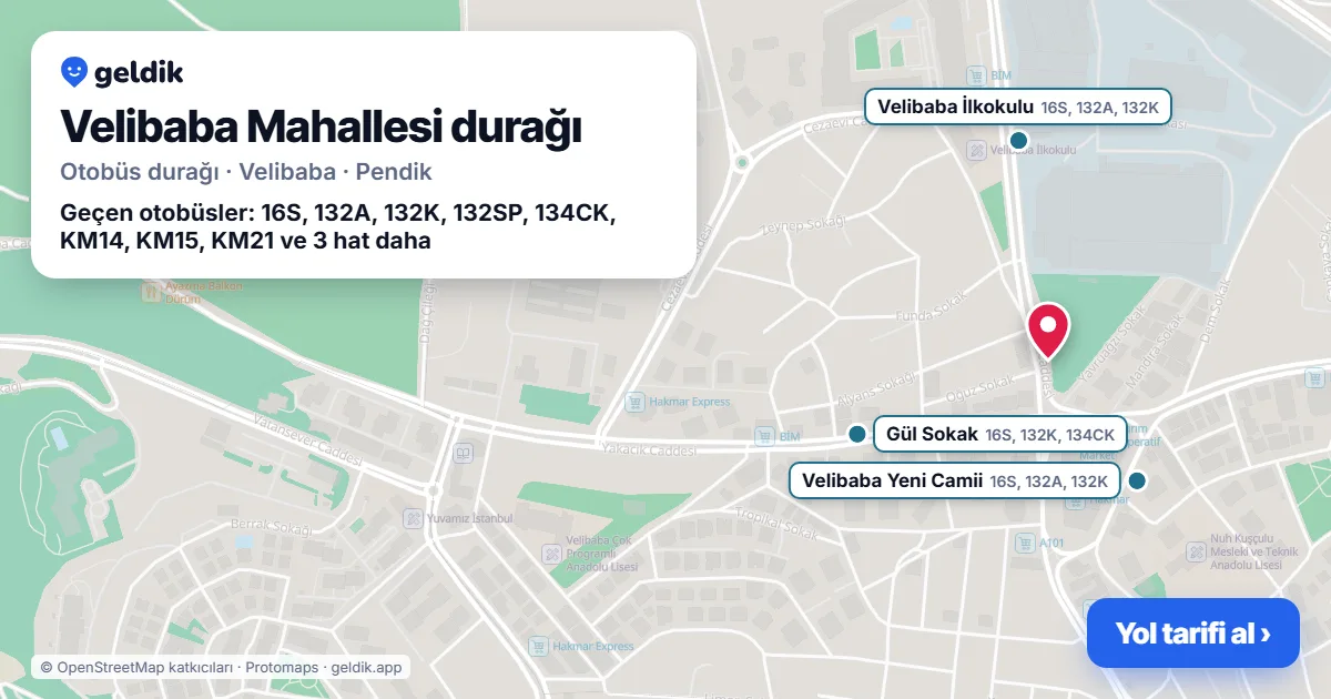 Velibaba Mahallesi otobüs durağı haritada: konumu ve yakındaki duraklar