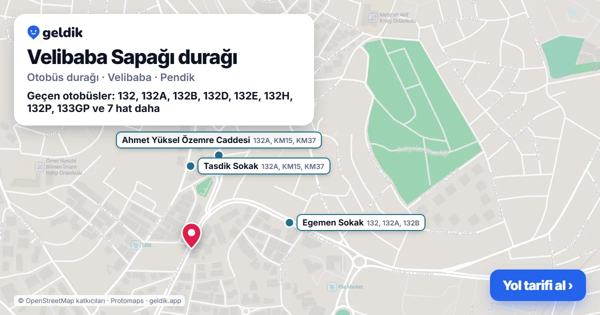 Velibaba Sapağı otobüs durağı haritada: konumu ve yakındaki duraklar