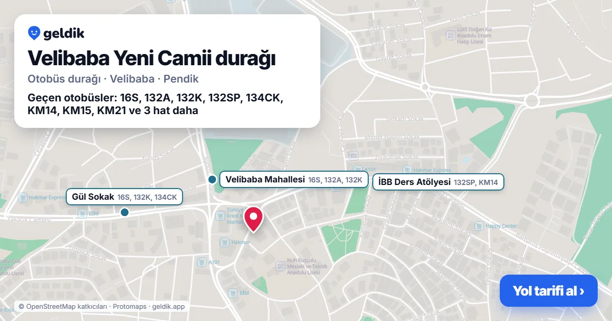 Velibaba Yeni Camii otobüs durağı haritada: konumu ve yakındaki duraklar