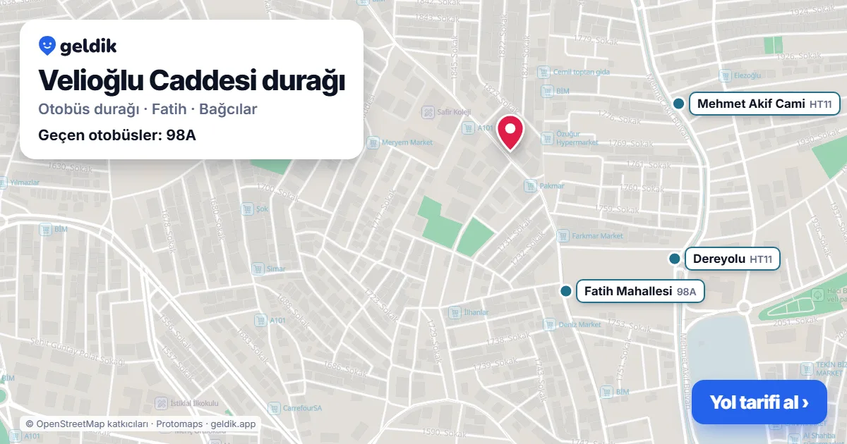 Velioğlu Caddesi otobüs durağı haritada: konumu ve yakındaki duraklar