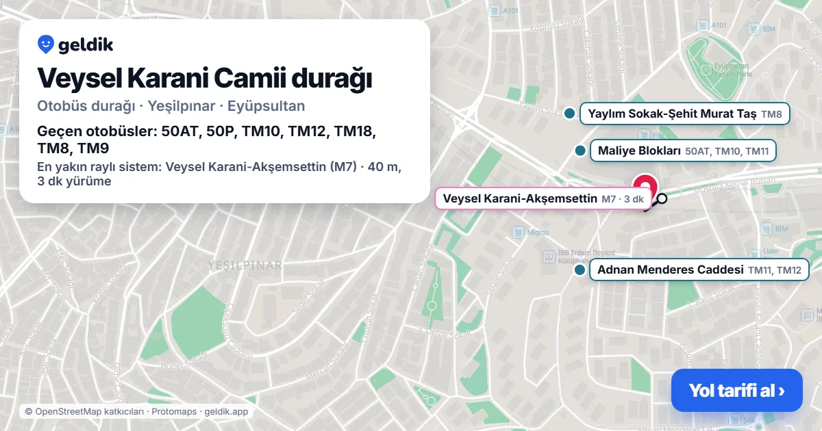 Veysel Karani Camii otobüs durağı haritada: konumu ve yakındaki duraklar