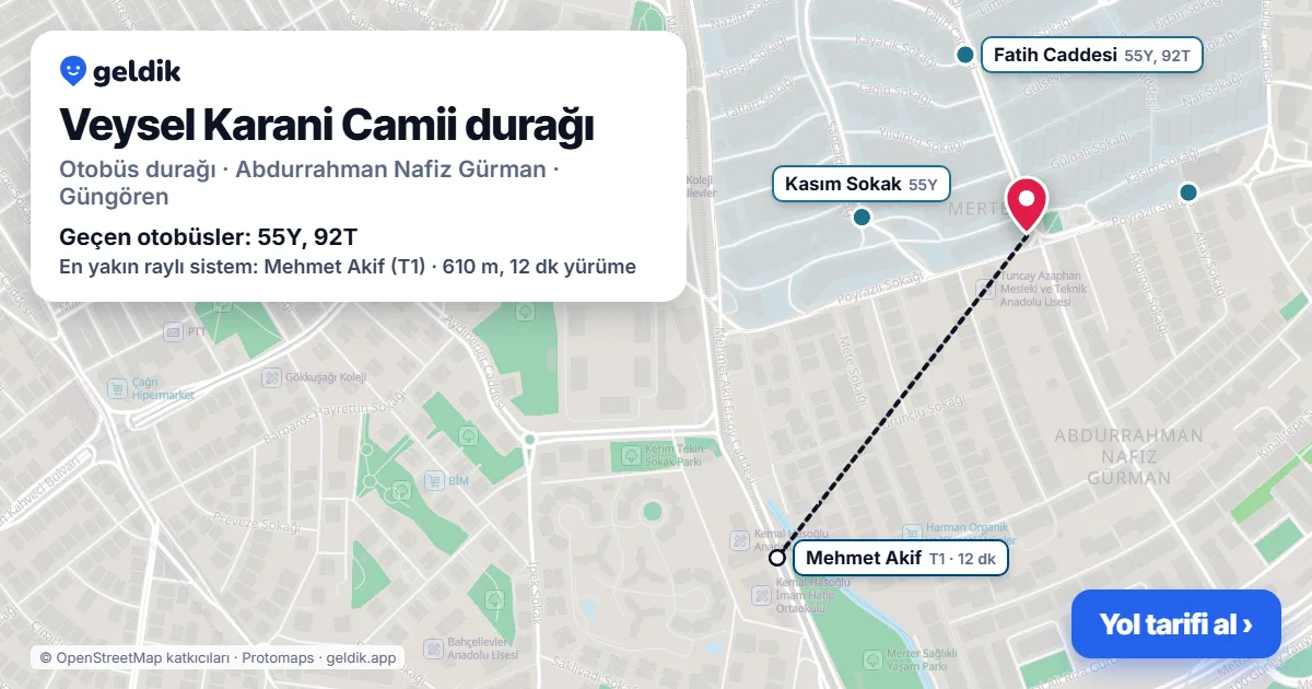 Veysel Karani Camii otobüs durağı haritada: konumu ve yakındaki duraklar