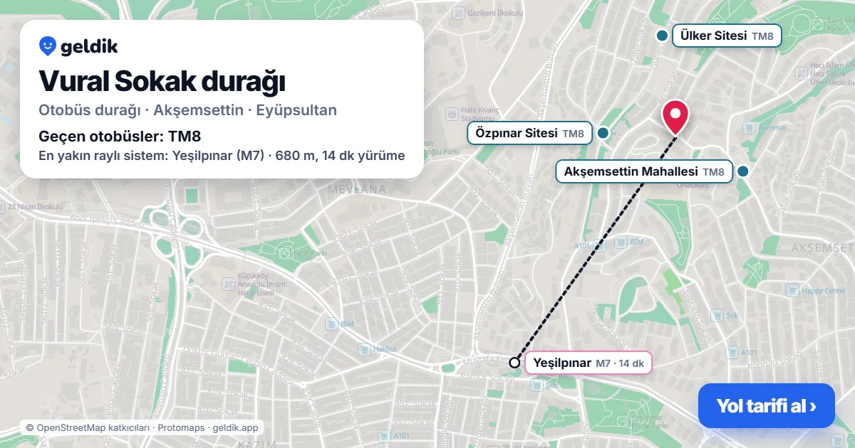 Vural Sokak otobüs durağı haritada: konumu ve yakındaki duraklar