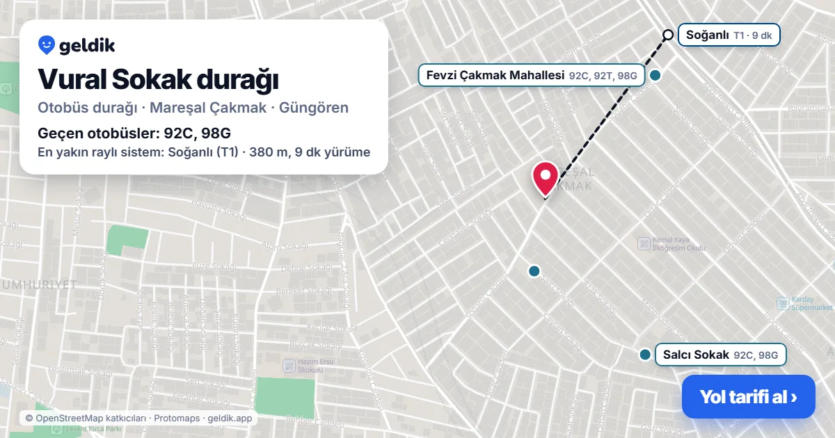 Vural Sokak otobüs durağı haritada: konumu ve yakındaki duraklar