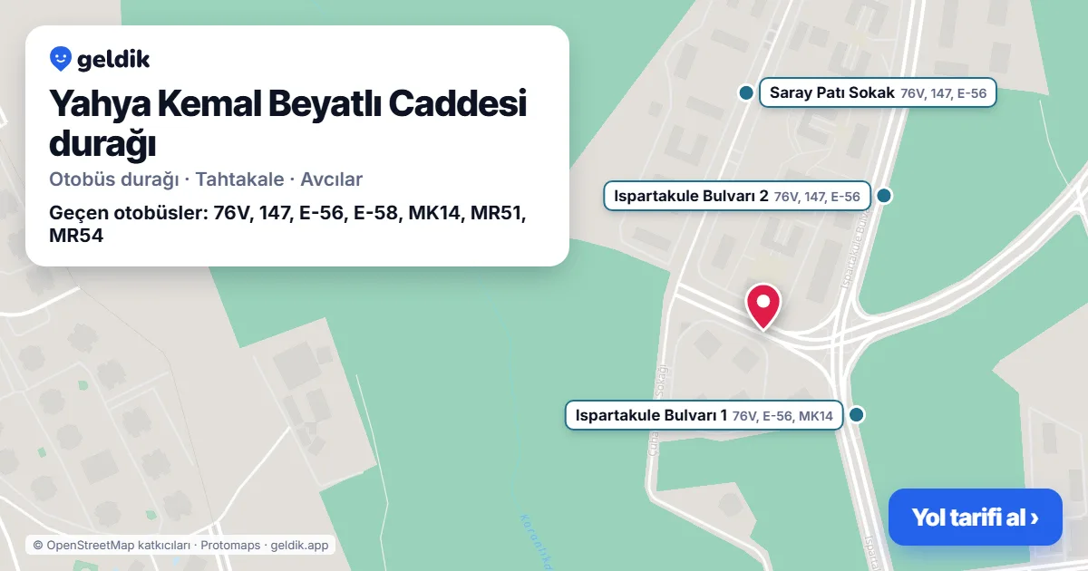 Yahya Kemal Beyatlı Caddesi otobüs durağı haritada: konumu ve yakındaki duraklar