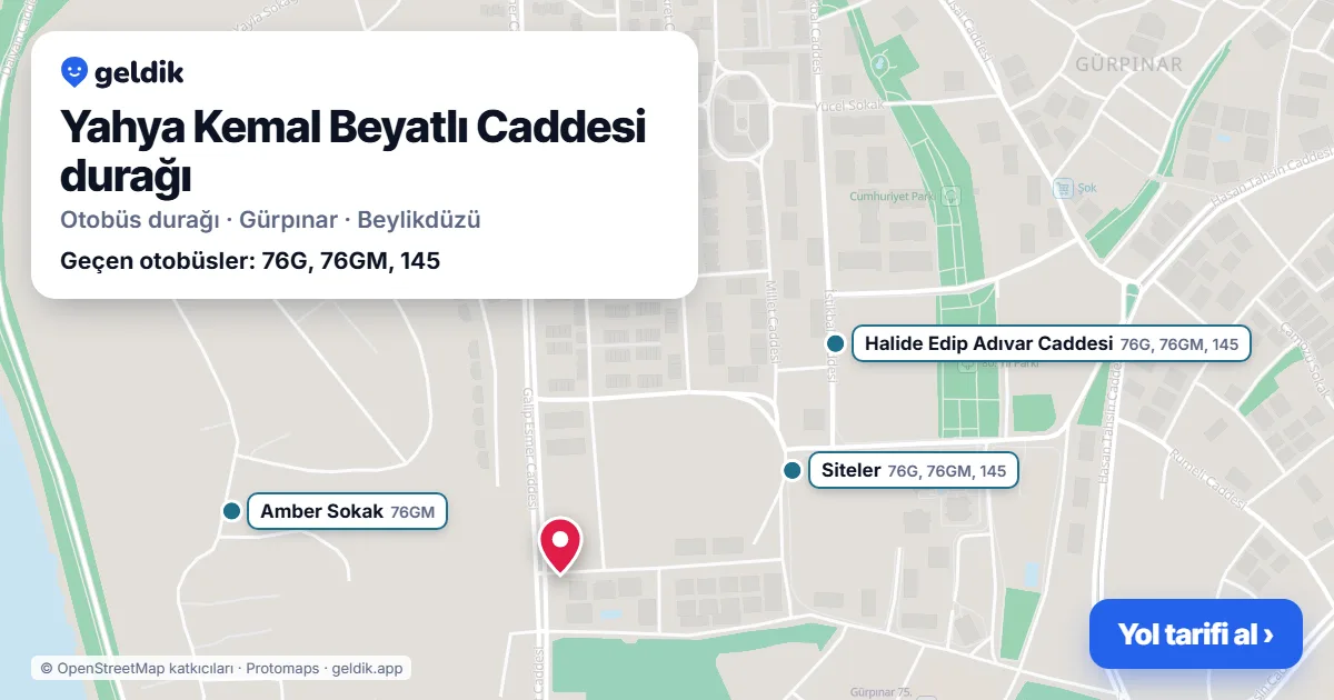 Yahya Kemal Beyatlı Caddesi otobüs durağı haritada: konumu ve yakındaki duraklar