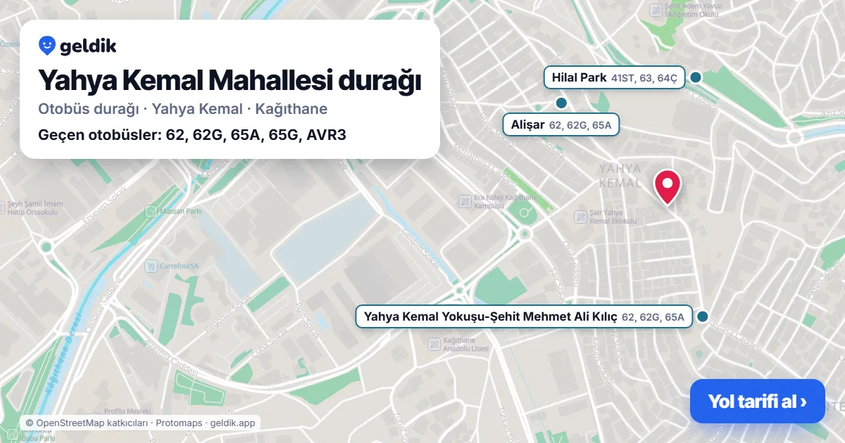 Yahya Kemal Mahallesi otobüs durağı haritada: konumu ve yakındaki duraklar