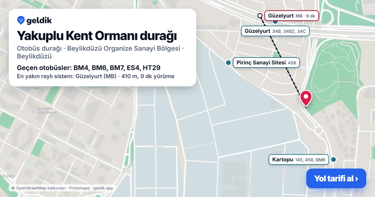 Yakuplu Kent Ormanı otobüs durağı haritada: konumu ve yakındaki duraklar