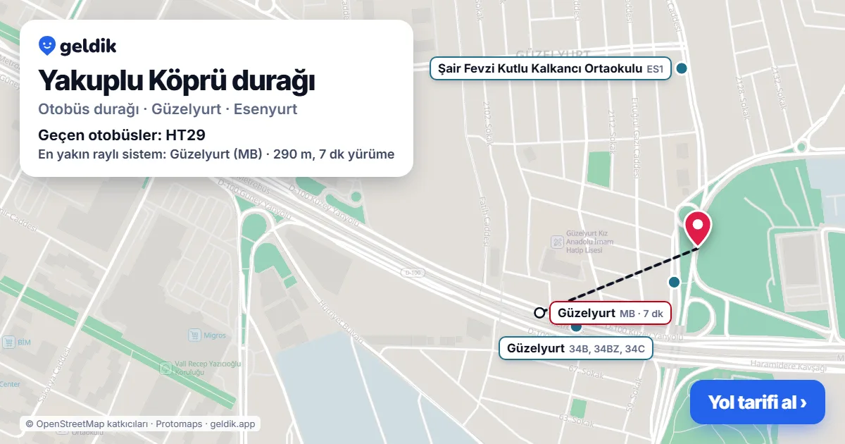 Yakuplu Köprü otobüs durağı haritada: konumu ve yakındaki duraklar