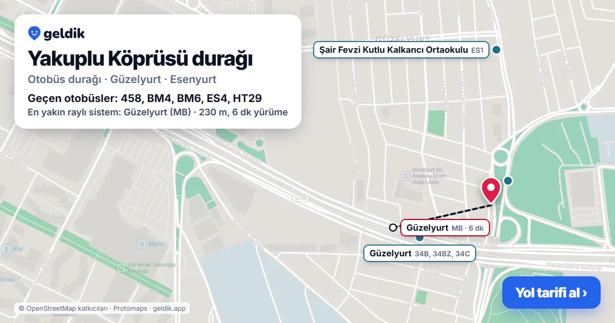 Yakuplu Köprüsü otobüs durağı haritada: konumu ve yakındaki duraklar