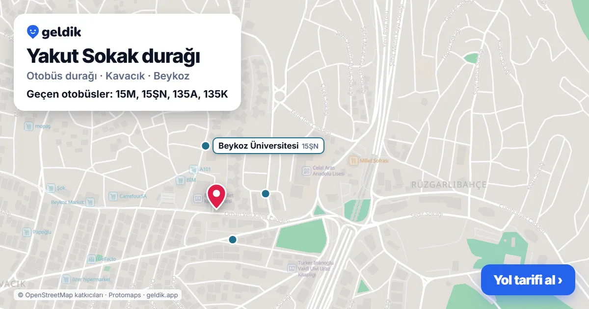 Yakut Sokak otobüs durağı haritada: konumu ve yakındaki duraklar