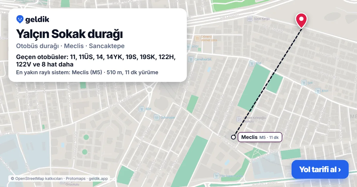 Yalçın Sokak otobüs durağı haritada: konumu ve yakındaki duraklar