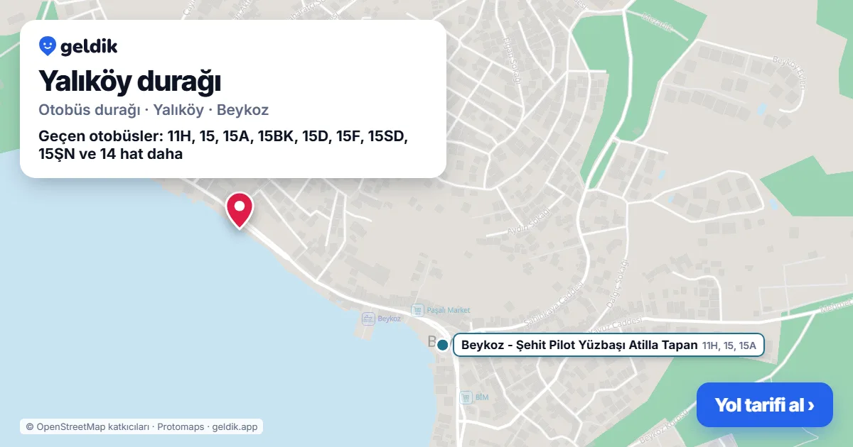 Yalıköy otobüs durağı haritada: konumu ve yakındaki duraklar