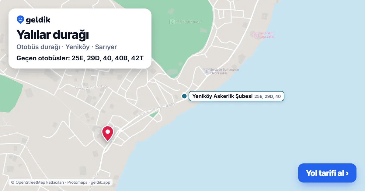 Yalılar otobüs durağı haritada: konumu ve yakındaki duraklar