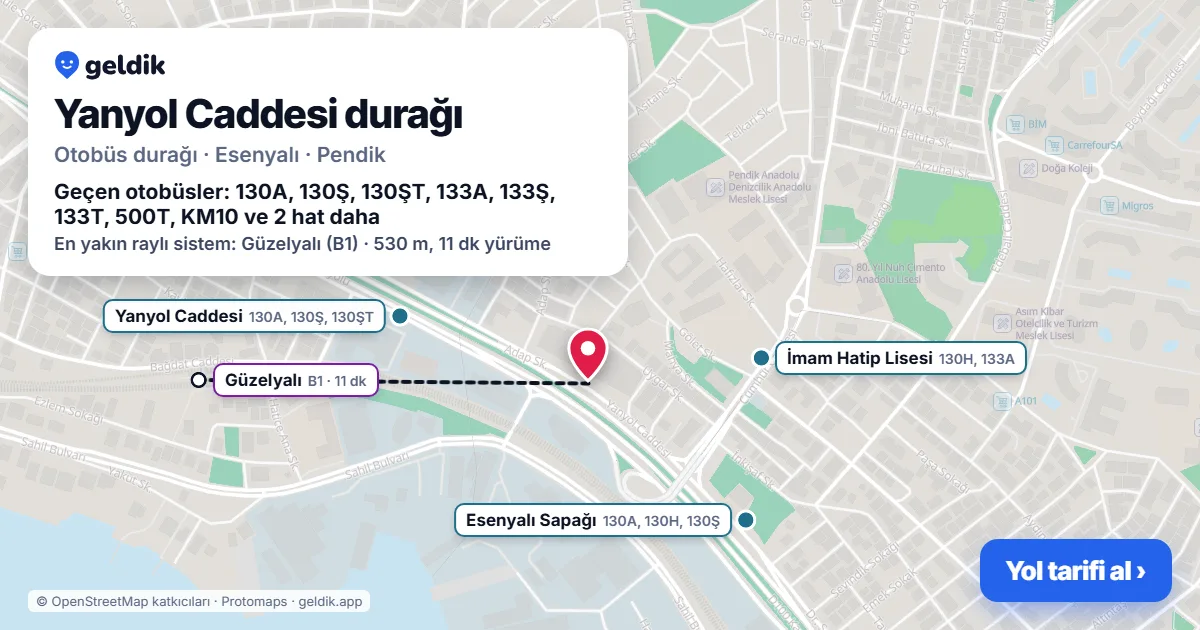 Yanyol Caddesi otobüs durağı haritada: konumu ve yakındaki duraklar