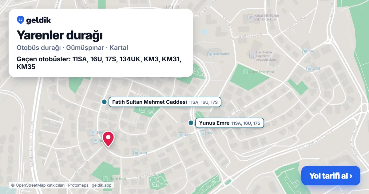 Yarenler otobüs durağı haritada: konumu ve yakındaki duraklar