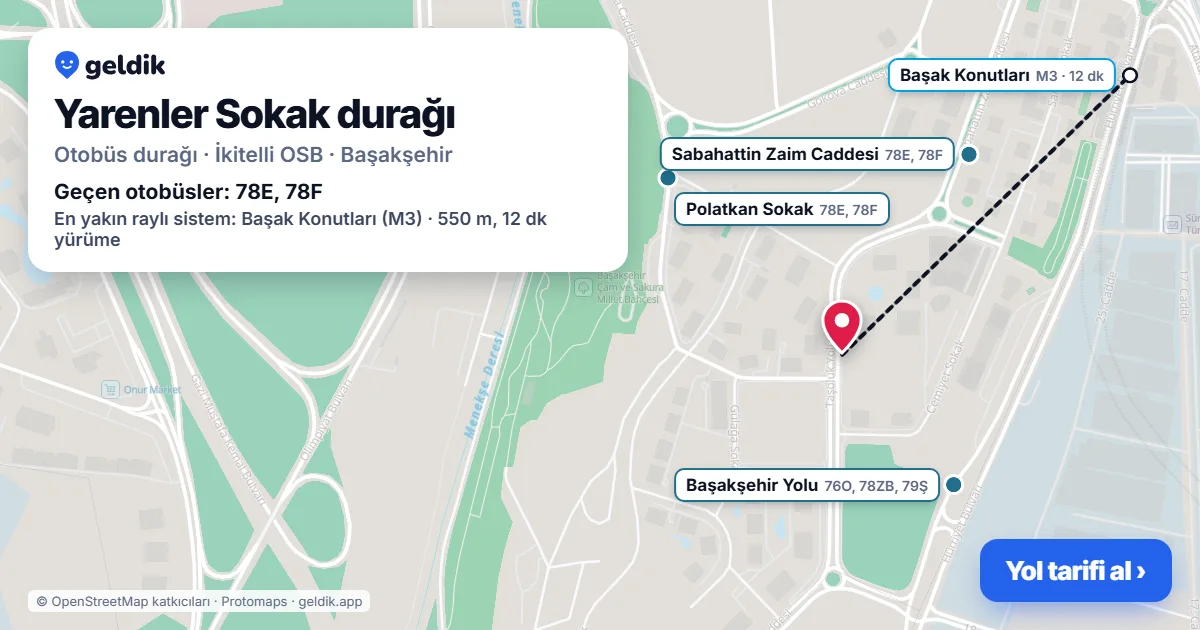 Yarenler Sokak otobüs durağı haritada: konumu ve yakındaki duraklar