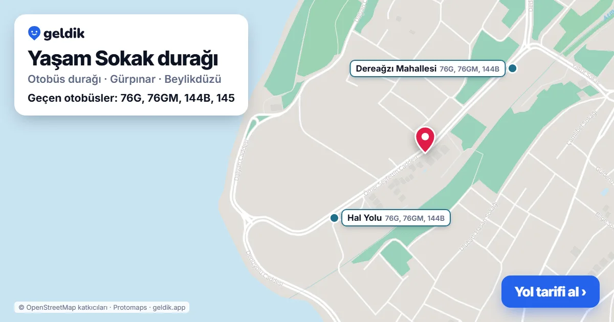 Yaşam Sokak otobüs durağı haritada: konumu ve yakındaki duraklar