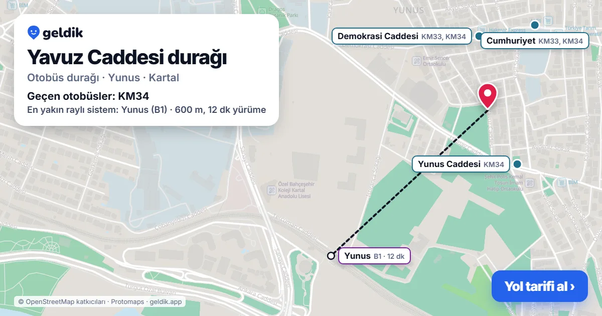 Yavuz Caddesi otobüs durağı haritada: konumu ve yakındaki duraklar