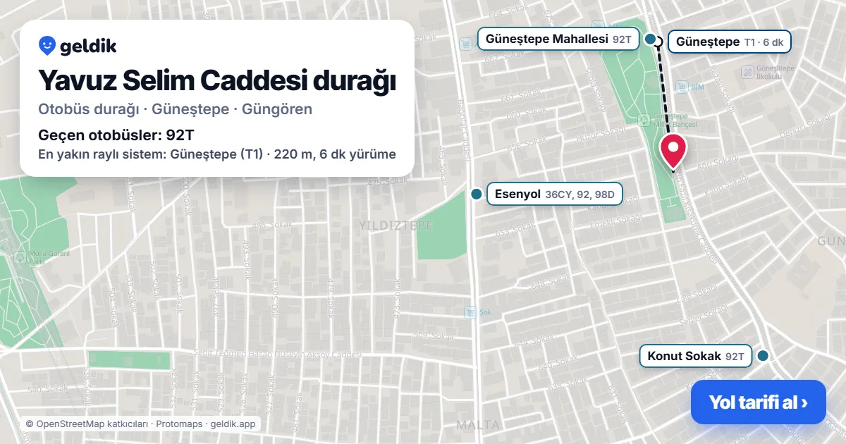 Yavuz Selim Caddesi otobüs durağı haritada: konumu ve yakındaki duraklar
