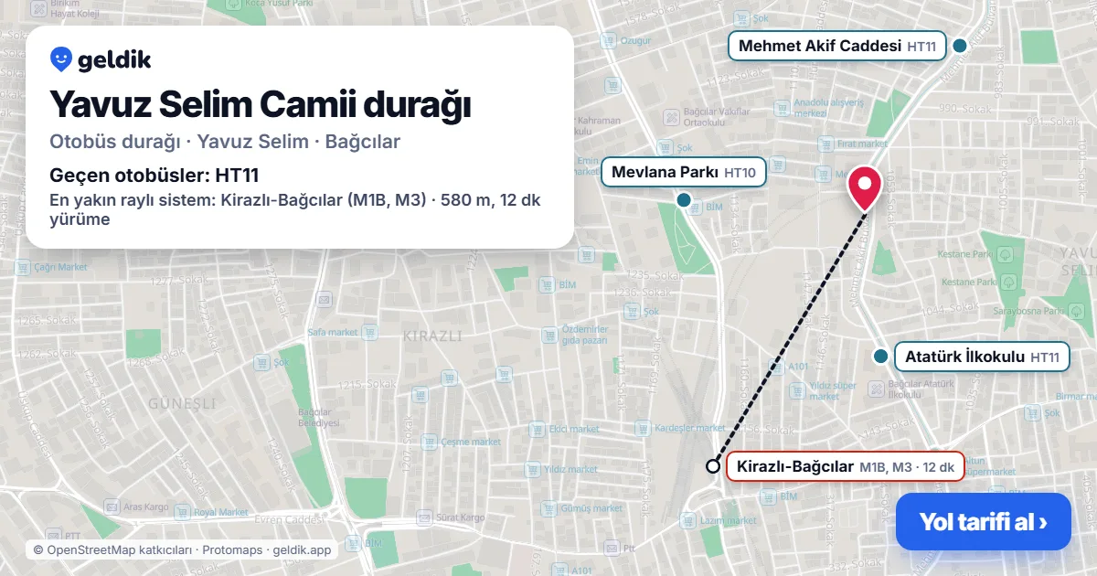 Yavuz Selim Camii otobüs durağı haritada: konumu ve yakındaki duraklar