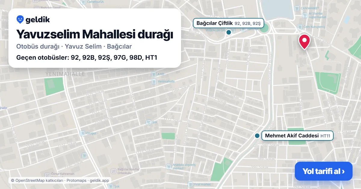 Yavuzselim Mahallesi otobüs durağı haritada: konumu ve yakındaki duraklar