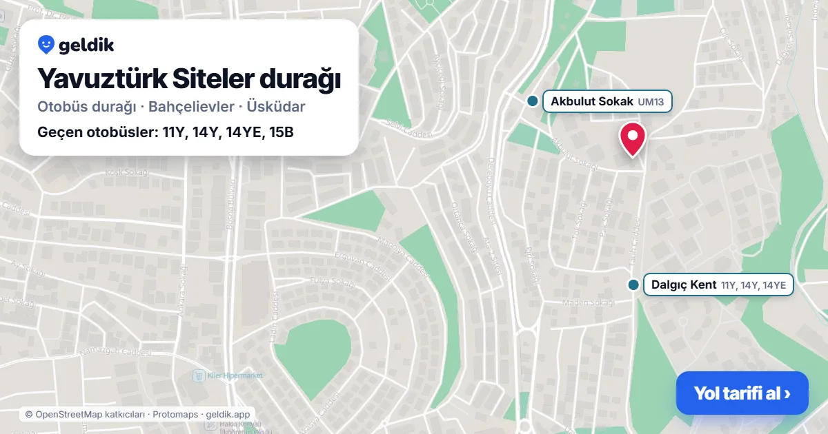 Yavuztürk Siteler otobüs durağı haritada: konumu ve yakındaki duraklar