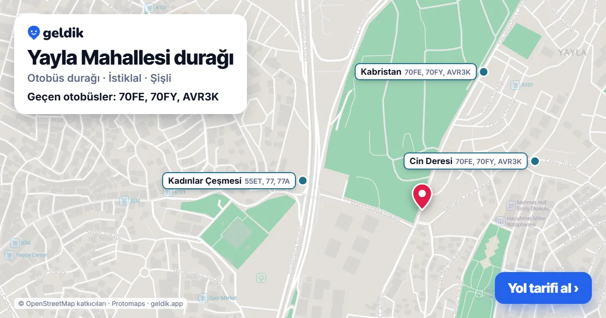 Yayla Mahallesi otobüs durağı haritada: konumu ve yakındaki duraklar