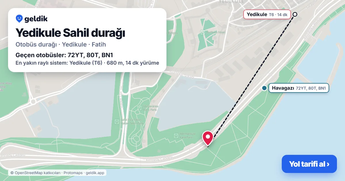 Yedikule Sahil otobüs durağı haritada: konumu ve yakındaki duraklar