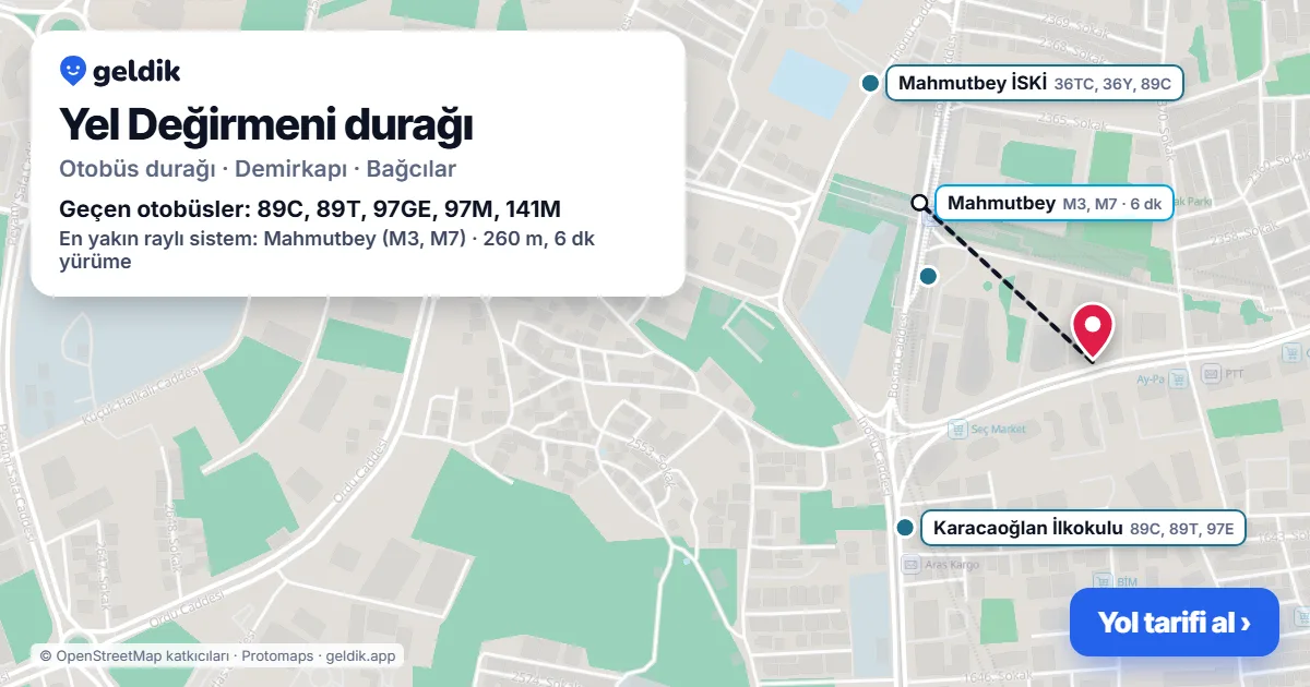 Yel Değirmeni otobüs durağı haritada: konumu ve yakındaki duraklar