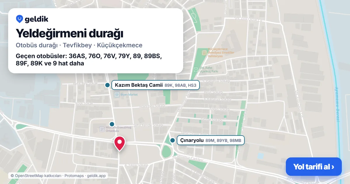 Yeldeğirmeni otobüs durağı haritada: konumu ve yakındaki duraklar