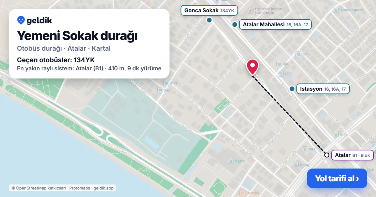 Yemeni Sokak otobüs durağı haritada: konumu ve yakındaki duraklar