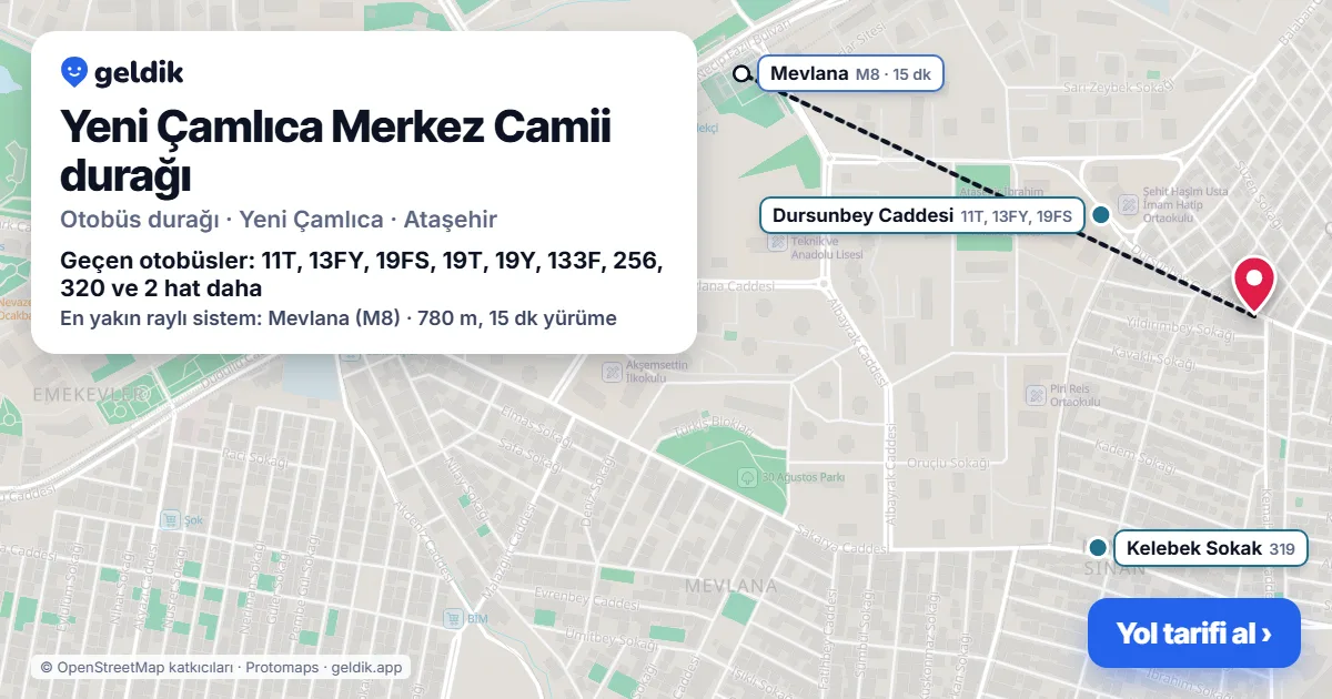 Yeni Çamlıca Merkez Camii otobüs durağı haritada: konumu ve yakındaki duraklar