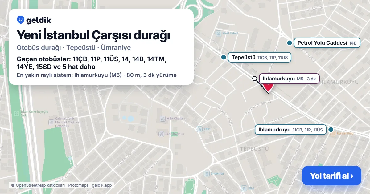 Yeni İstanbul Çarşısı otobüs durağı haritada: konumu ve yakındaki duraklar