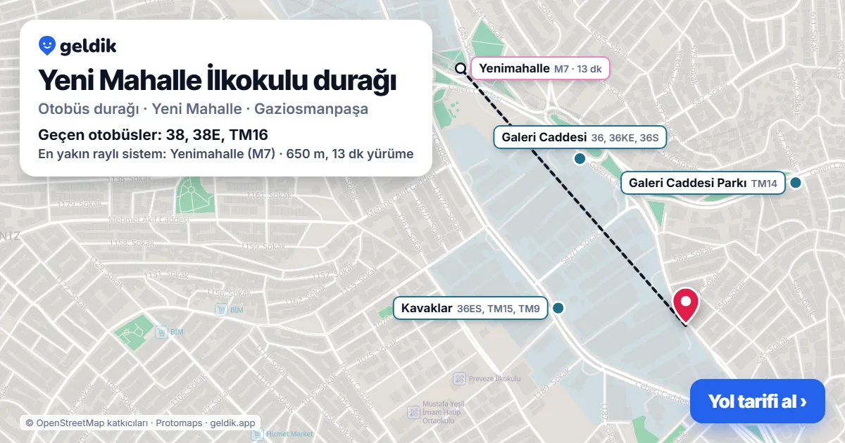 Yeni Mahalle İlkokulu otobüs durağı haritada: konumu ve yakındaki duraklar