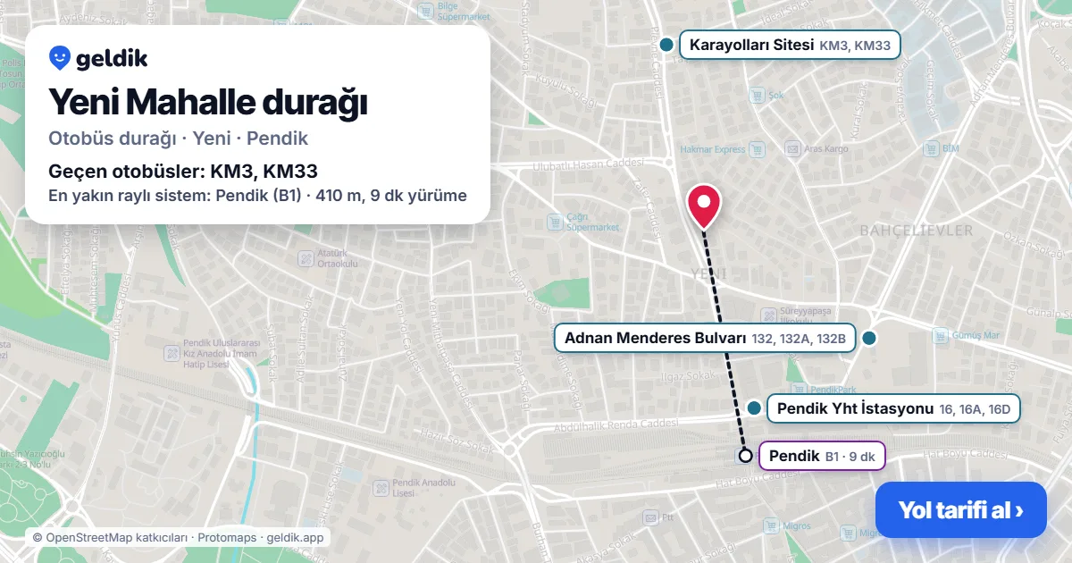 Yeni Mahalle otobüs durağı haritada: konumu ve yakındaki duraklar