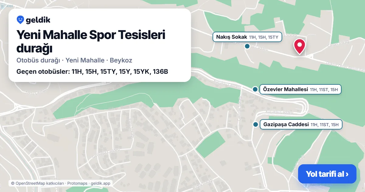 Yeni Mahalle Spor Tesisleri otobüs durağı haritada: konumu ve yakındaki duraklar