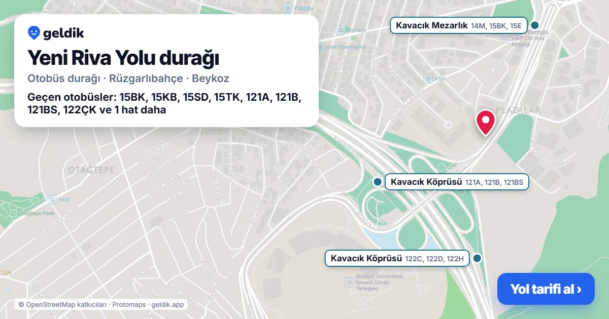 Yeni Riva Yolu otobüs durağı haritada: konumu ve yakındaki duraklar