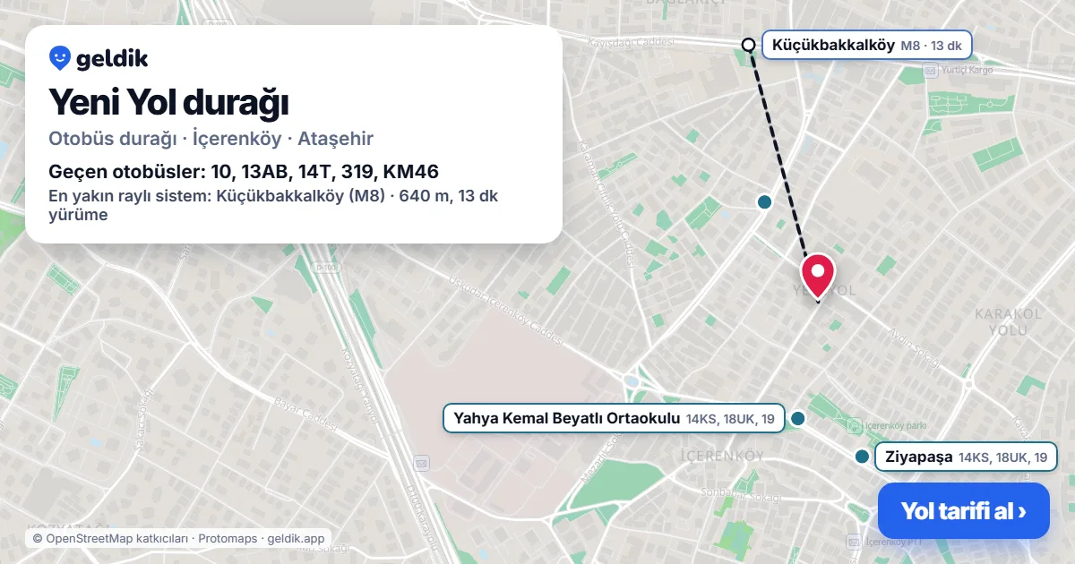 Yeni Yol otobüs durağı haritada: konumu ve yakındaki duraklar