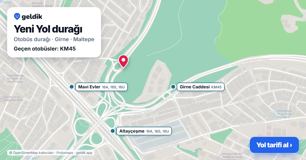 Yeni Yol otobüs durağı haritada: konumu ve yakındaki duraklar