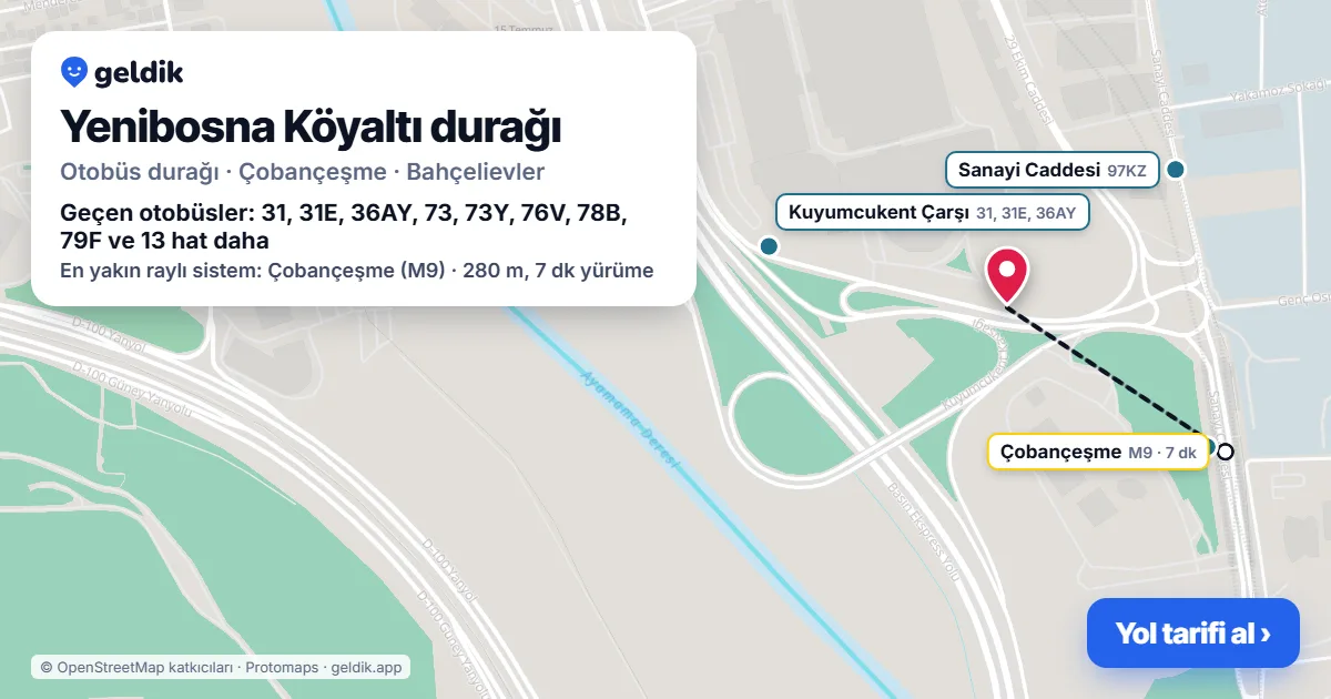Yenibosna Köyaltı otobüs durağı haritada: konumu ve yakındaki duraklar