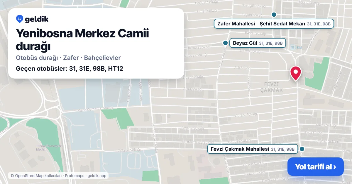 Yenibosna Merkez Camii otobüs durağı haritada: konumu ve yakındaki duraklar