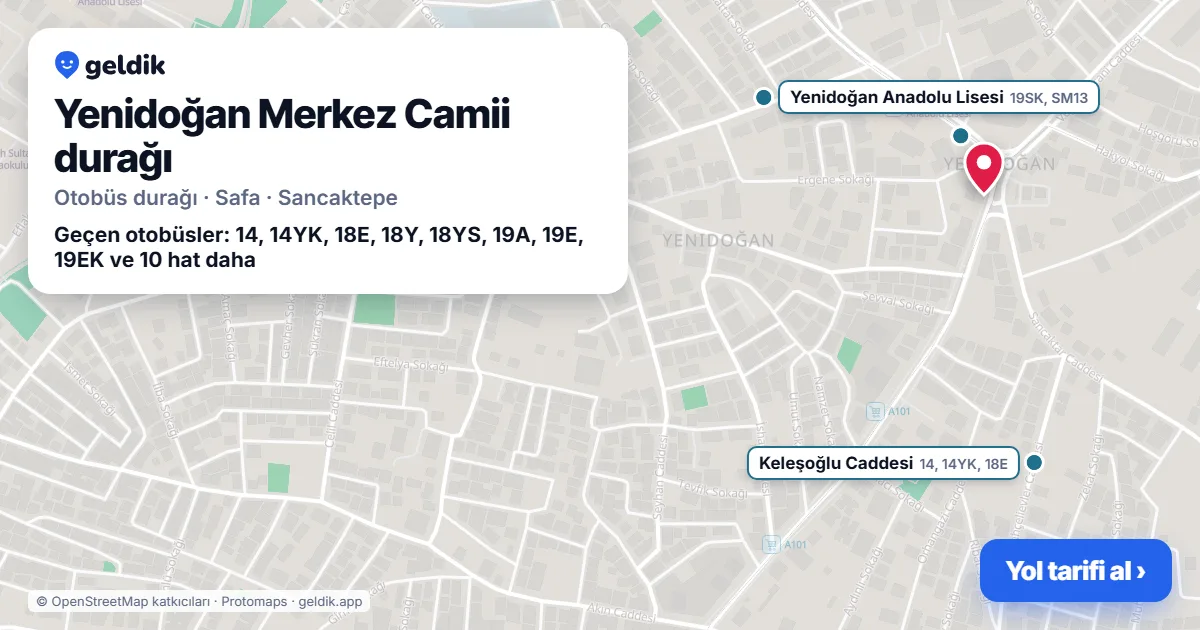 Yenidoğan Merkez Camii otobüs durağı haritada: konumu ve yakındaki duraklar