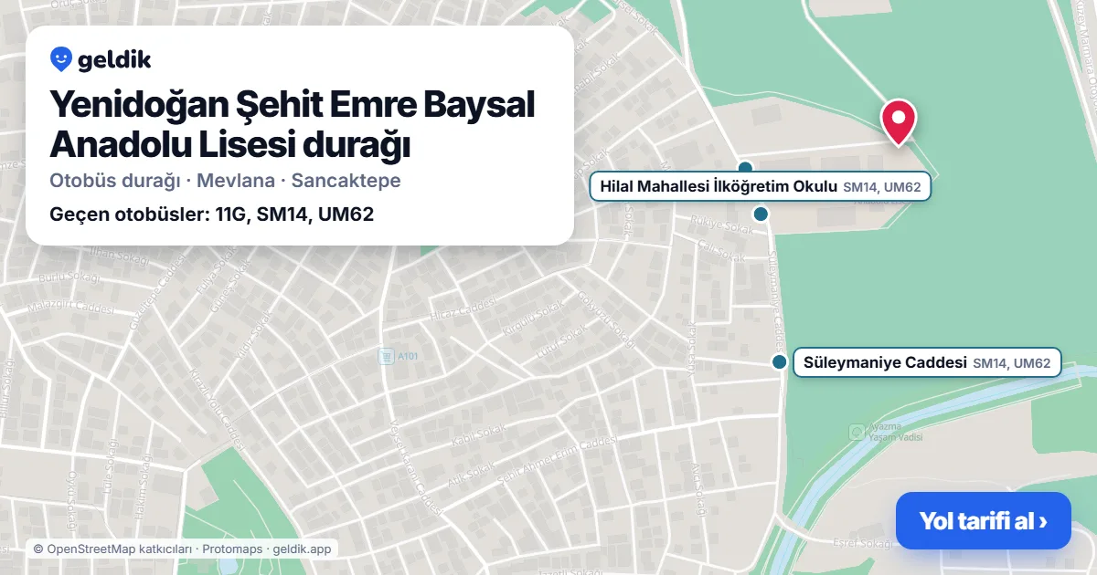 Yenidoğan Şehit Emre Baysal Anadolu Lisesi otobüs durağı haritada: konumu ve yakındaki duraklar
