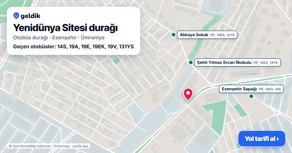 Yenidünya Sitesi otobüs durağı haritada: konumu ve yakındaki duraklar