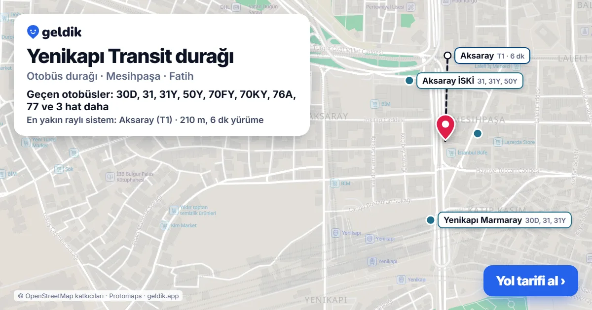 Yenikapı Transit otobüs durağı haritada: konumu ve yakındaki duraklar