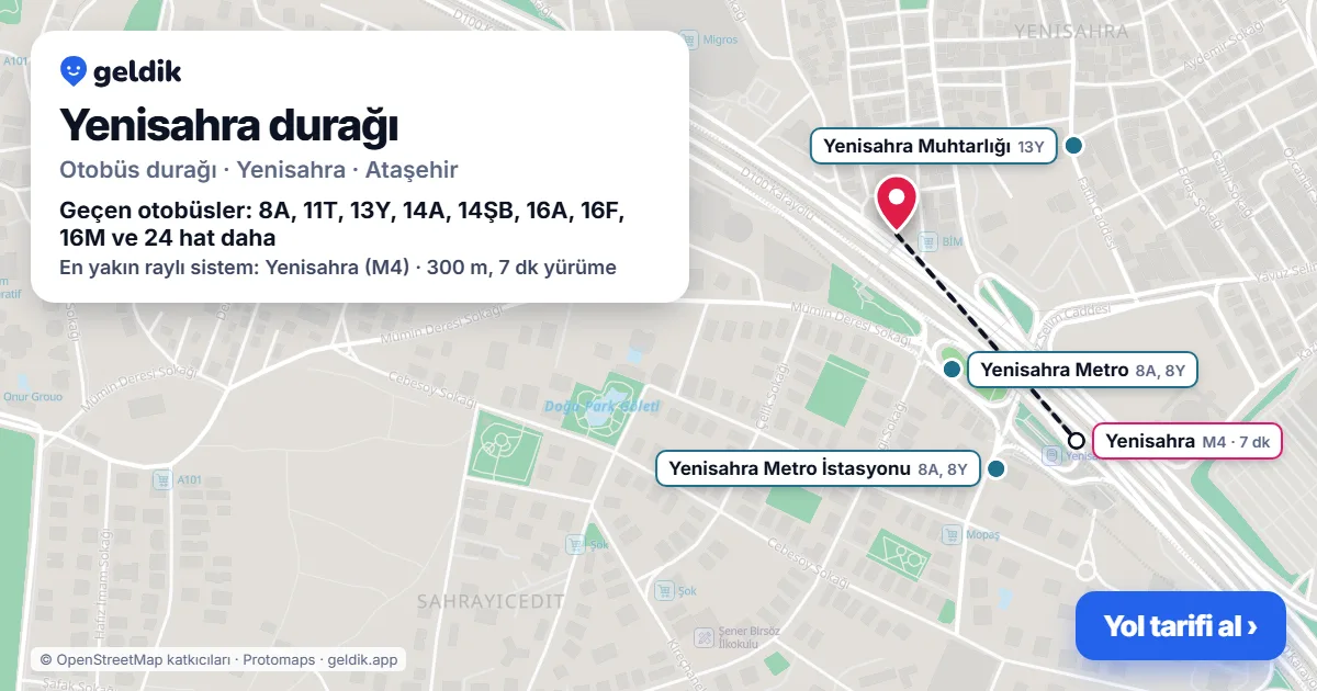 Yenisahra otobüs durağı haritada: konumu ve yakındaki duraklar