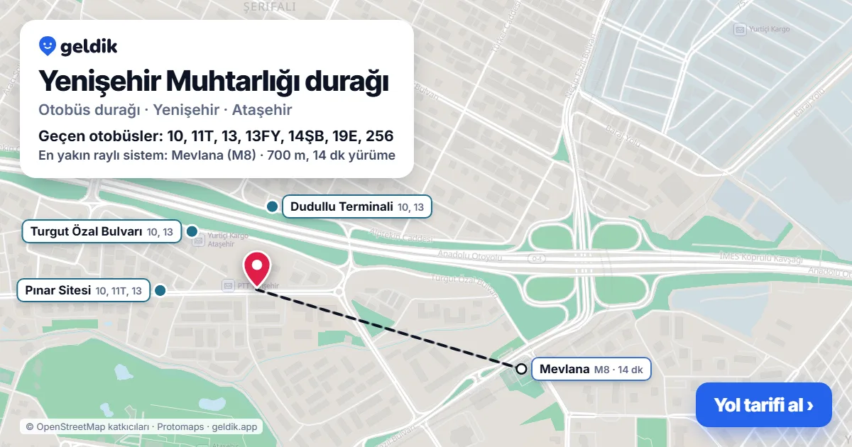 Yenişehir Muhtarlığı otobüs durağı haritada: konumu ve yakındaki duraklar