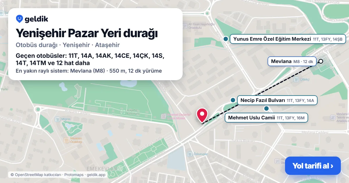 Yenişehir Pazar Yeri otobüs durağı haritada: konumu ve yakındaki duraklar
